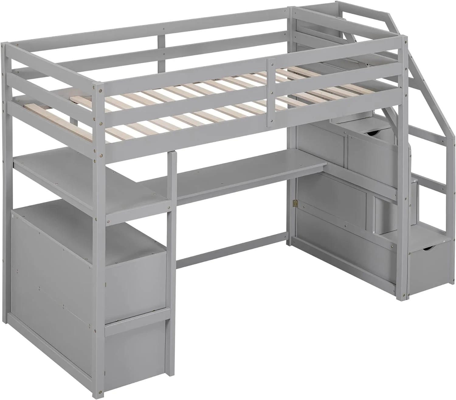 Size Loft Bed With Stairs And Desk, Solid Wood Loft Bed With Bookshelf And Drawers, High Loft Bed Frame With Storage Staircase For Kids Teens, Gray