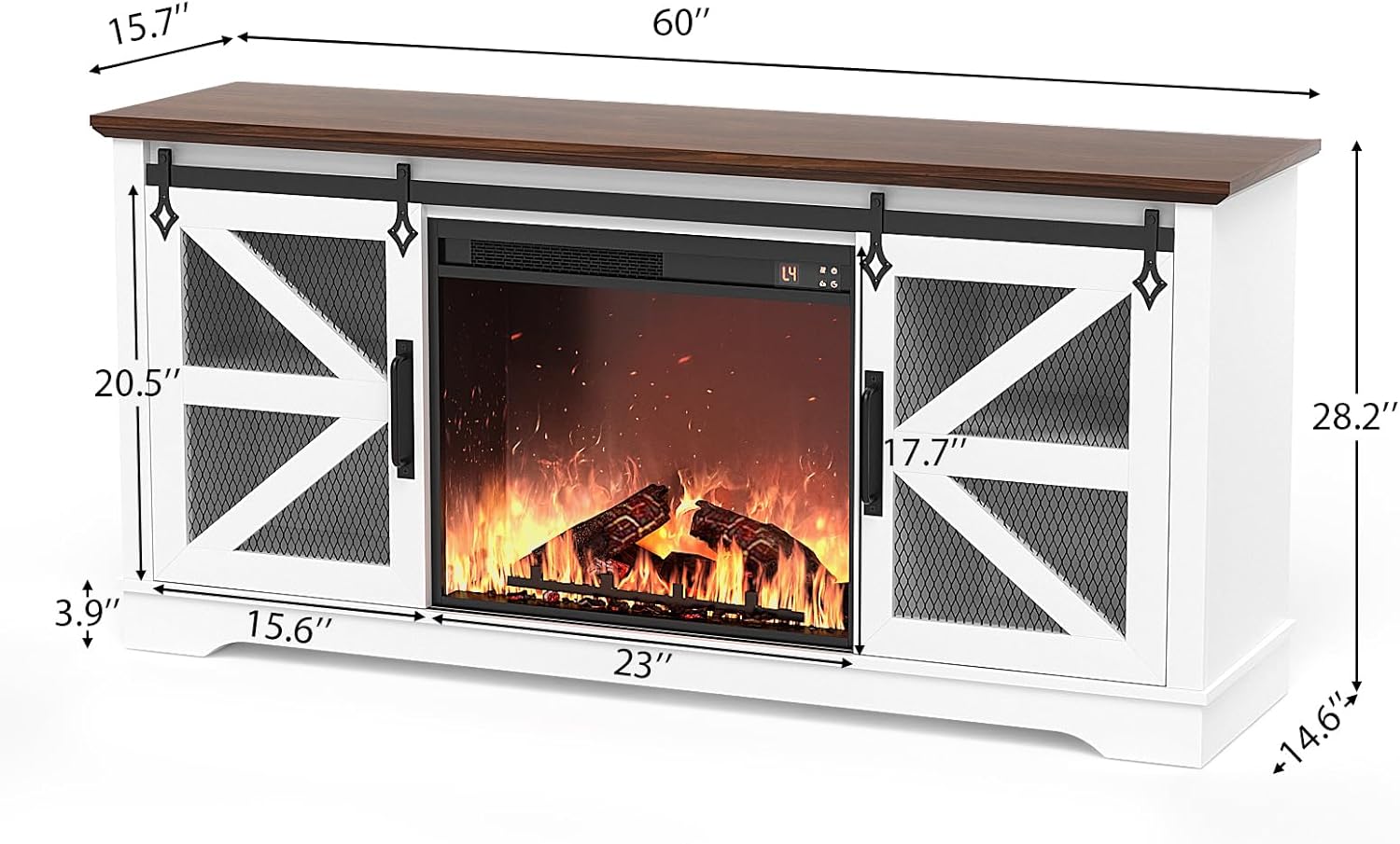 VOWNER Fireplace TV Stand for 65 Inch TV, Farmhouse Media Console Table with Electric Fireplace Heater & Sliding Barn Doors, Entertainment Center for Living Room, White