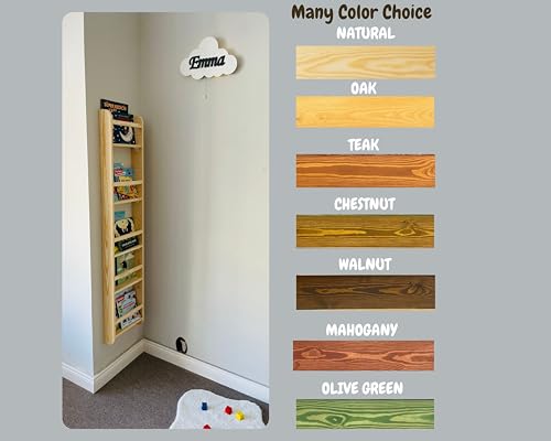 Handmade Natural Wood 5 Tier Montessori Kids Bookshelf, Wall Mounted Wide Book Shelf for Nursery, Space Saver Children's Book Rack Wall for Bedroom, Living Room (Medium, 21" Width, Natural)