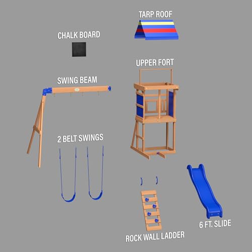 Backyard Discovery Buckley Hill Wooden Swing Set, Made for Small Yards and Younger Children, Two Belt Swings, Covered Mesh Fort with Canopy, Rock Climber Wall, 6 ft Slide Green