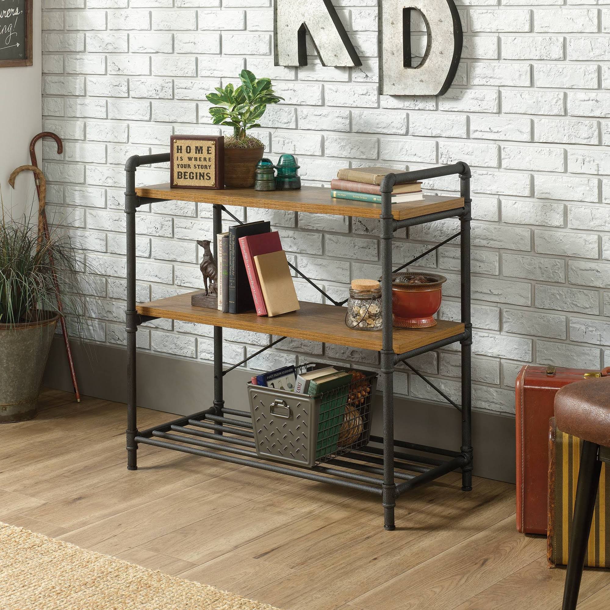 Sauder Iron City Anywhere Console Table, Checked Oak
