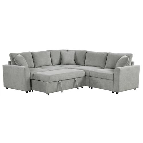 U Shaped Convertible Sectional Sofa Pull Out Bed with Left Hand Chaise , Deep Seat Reversible Sleeper Corner Couch with Stoage and Detachable Backrest, Corduroy Upholstered Sofabed for Living Room