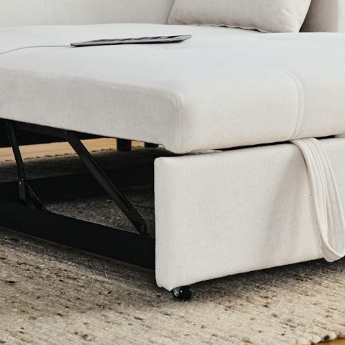 3 in 1 Convertible Sofa Bed 54" Pull Out Couch Bed Chenille 2-Seater Sleeper Sofa Bed with USB Power Outlet,Pillow and Side Pockets, Adjustable Backrest for Apartments, Office, Living Room (White)