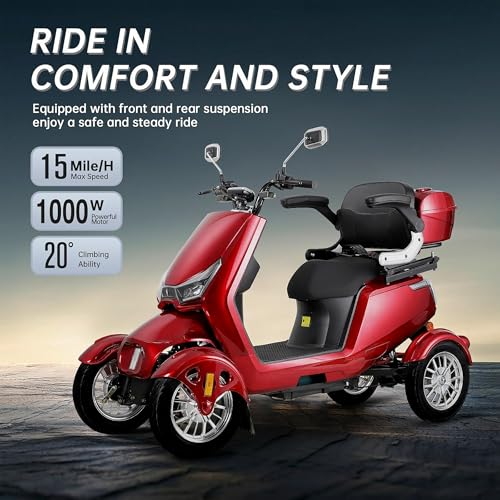 1000W 15 MPH Heavy Duty 4 Wheel Mobility Scooter 500lbs Loadweight, 3 Speed Control Mobility Scooters with 31 Mile Long Range Battery for Seniors & Adults Travel, 20° Max Climbing, Remote Key, Silver