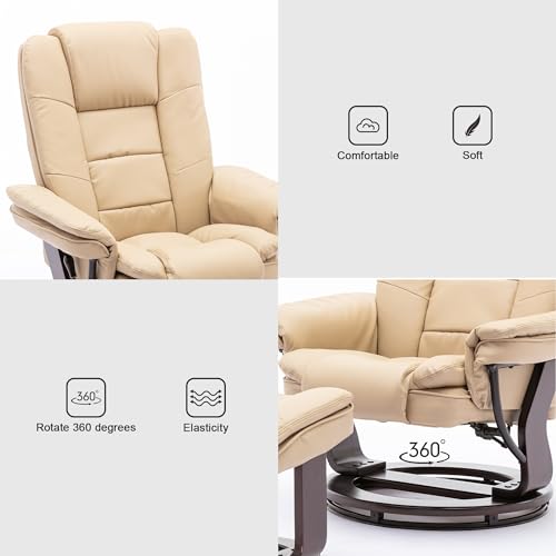 Swivel Recliner Chair with Ottoman Footrest Leather Adjustable Stressless Armchair, Beige