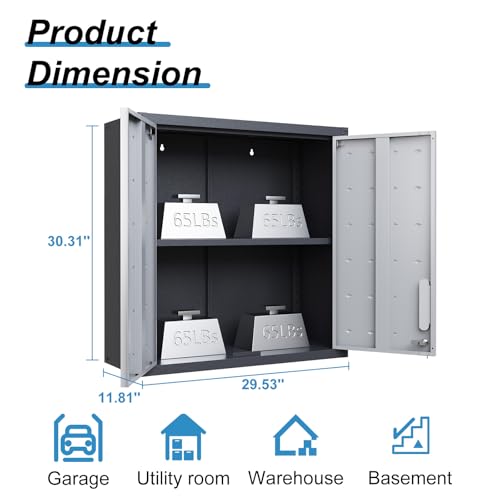 Garage Storage Cabinet Wall Cabinet with 2 Doors,Lockable Tool Cabinets Wall Mounted with Adjustale Shelves,Heavy Duty Steel Hanging Cabinets for Warehouse Kitchen Laundry,Assembly Required