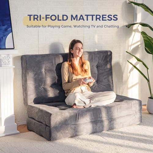 MAXYOYO Tri-Fold Mattress, 6 Inch Tufted Folding Mattress Full Foam Bed, Foldable Floor Mattress Guest Bed Mattress Topper Portable Camping Sleeping Bed with Corded Fabric, Black, 53"x75"