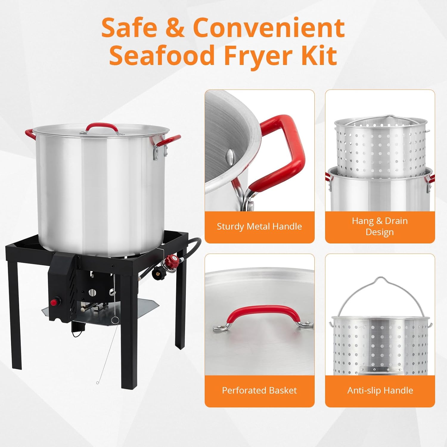 80 Qt Seafood Boil Pot, Aluminum Crawfish Boiler with Steam/Boil Basket & Strainer, 110000BTU Propane Jet Burner w/Support Rack & Lifting Hook, 0-10 PSI Regulator, Outdoor Cooking Shrimp Crab Boiler