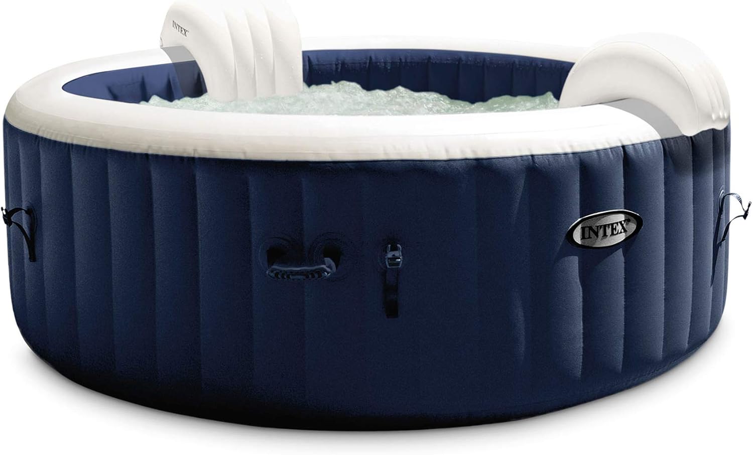 Intex 28431E PureSpa Plus 85in x 25in Outdoor Portable Inflatable 6 Person Round Hot Tub Spa with 170 Bubble Jets, Cover, Built in Heater Pump, and 2 Non-Slip Seats, Navy