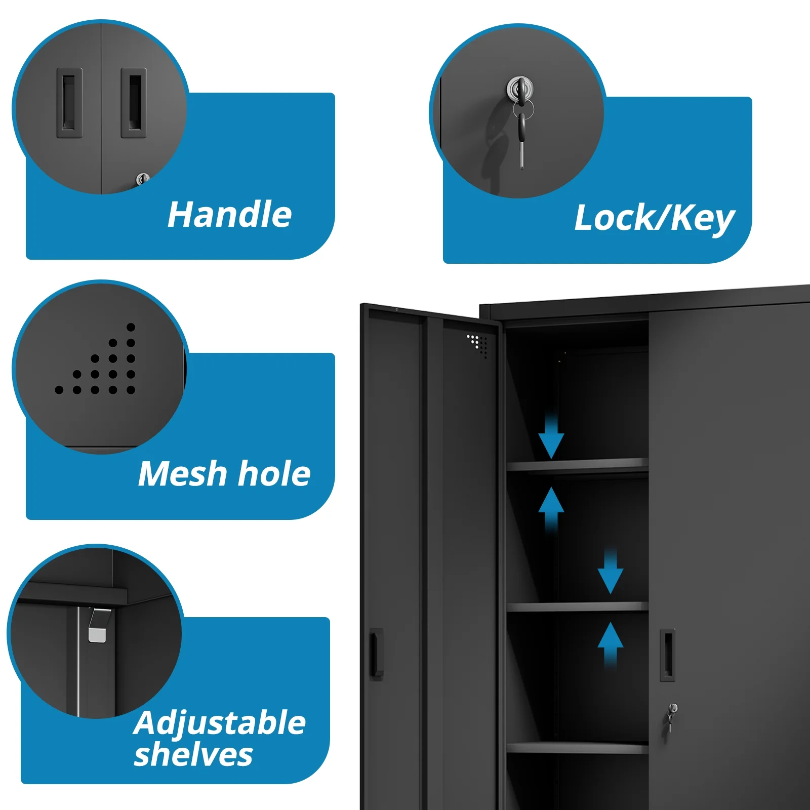 Metal Storage Cabinet Tall Locking Tool Cainets With Doors and Adjustable Shelves Garage Cabinets And Storage System for Garage Office Home Kitchen Gym Pantry,71”Hx 31.5”Wx 15.7”D, Black