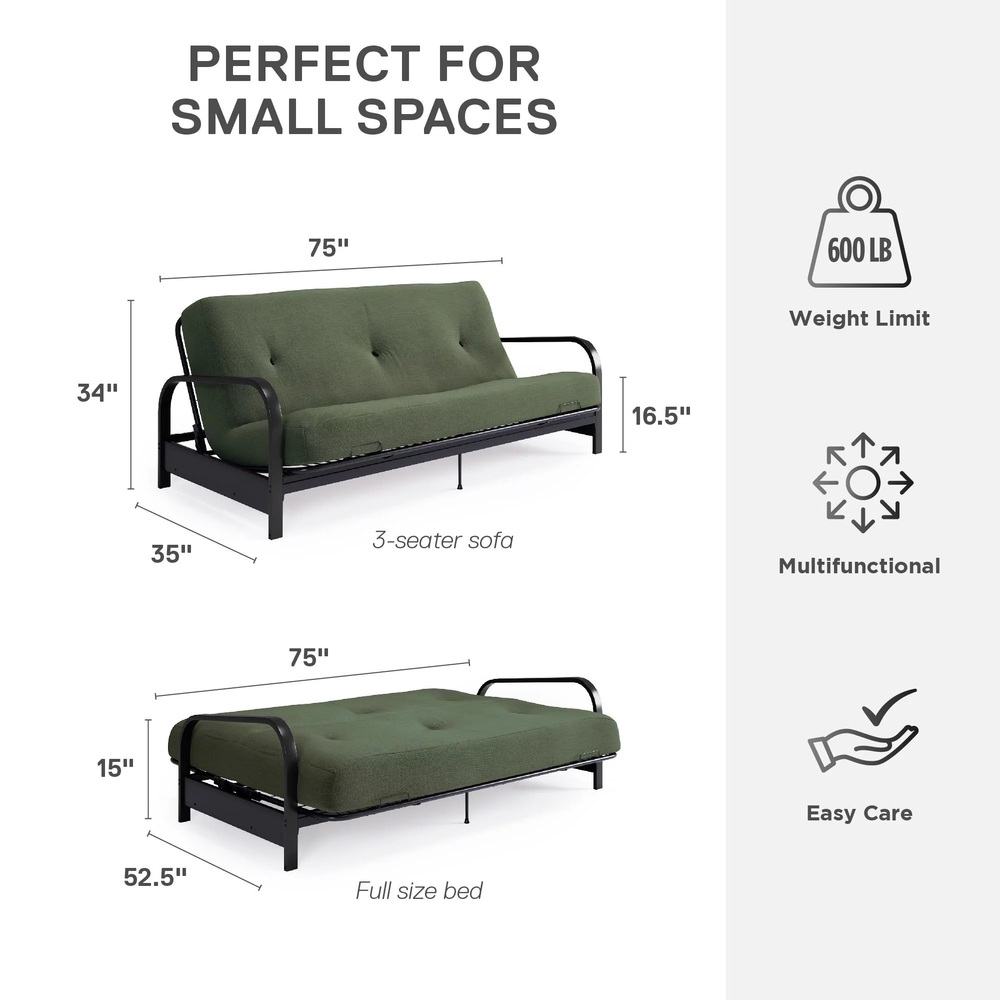 Cleo Futon Set with Black Metal Sofa Bed Frame and 6" Mattress, Full Size, Army Green