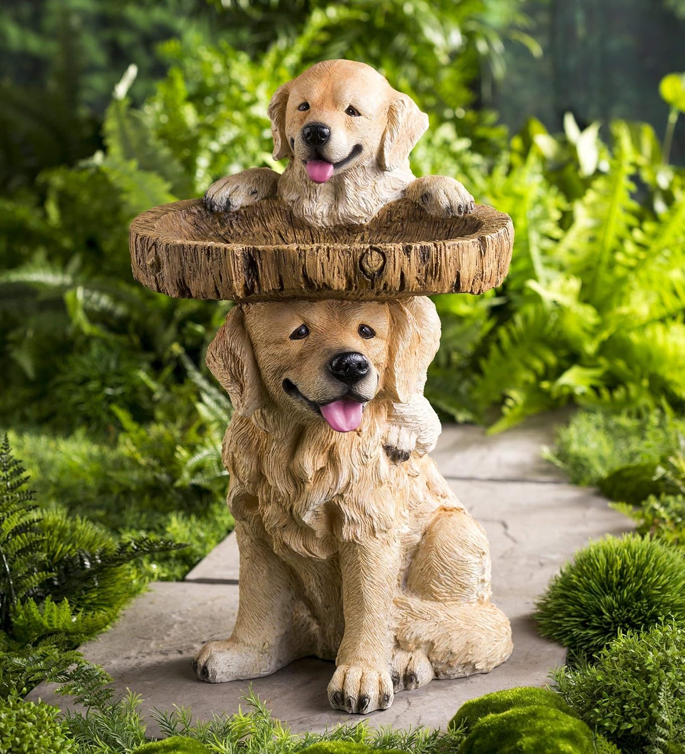 Plow & Hearth Two Playful Golden Retriever Puppies Resin Birdbath Hand-Painted All-Weather Wood-Look Resin Landscape and Garden Accent, 13¼ Dia. x 22 H