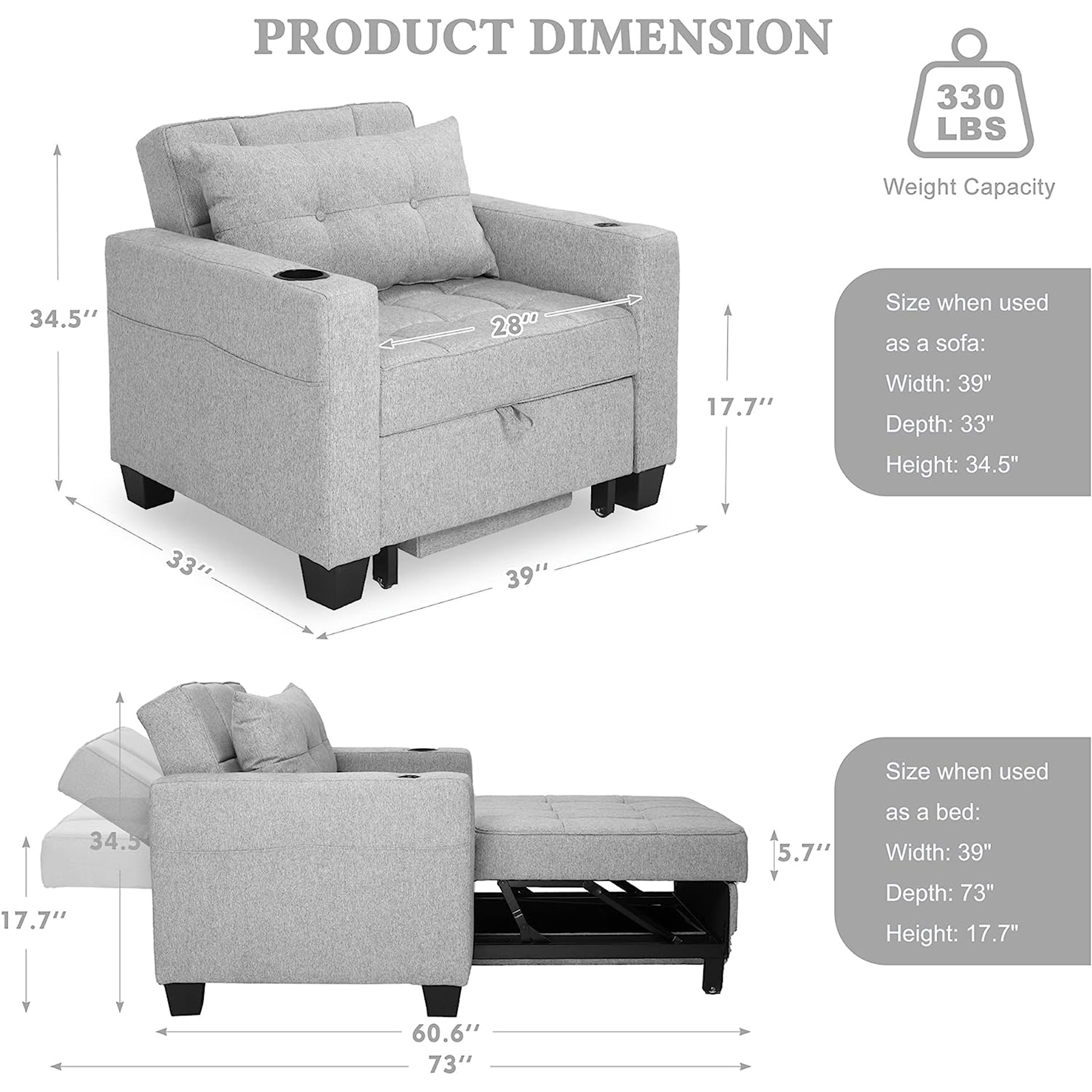 Duraspace Arm Lounge Chair into Sofa Bed for Living Room Adults with USB, Storage Space, Light Gray