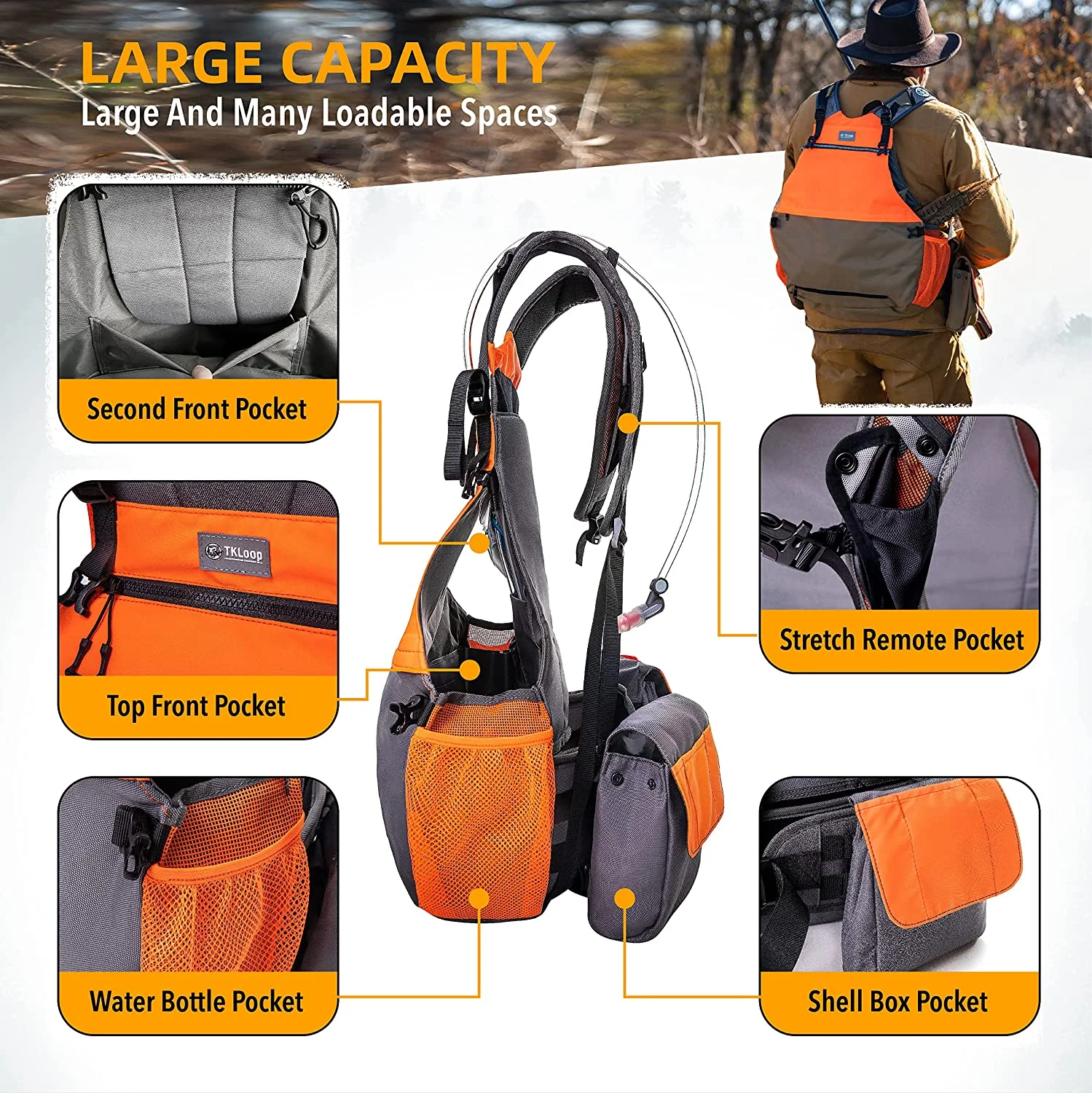 TKLoop Upland Hunting Vest Pheasant Upland Vest Orange Grey with Blood-Proof Lining