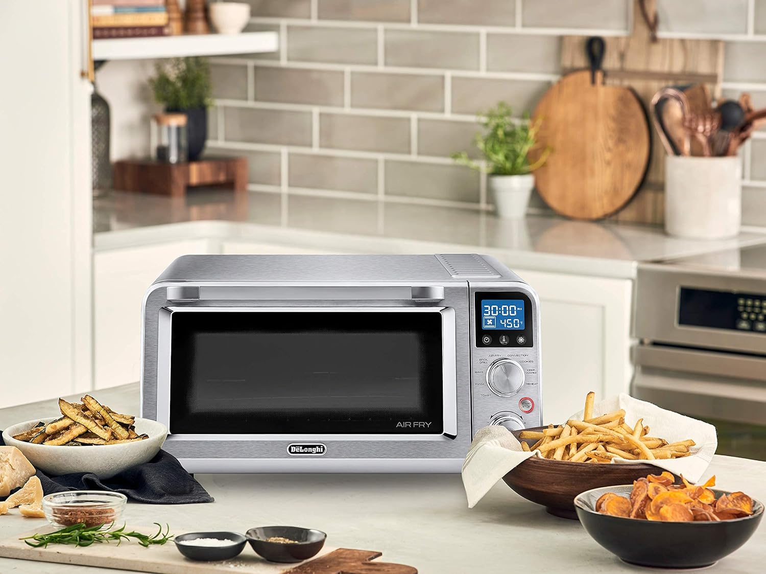 De'Longhi Livenza 9-in-1 Digital Air Fry Convection Toaster Oven, Grills, Broils, Bakes, Roasts, Keep Warm, Reheats, 1800-Watts + Cooking Accessories, Stainless Steel, 14L (.5 cu ft), EO141164M (Renewed)