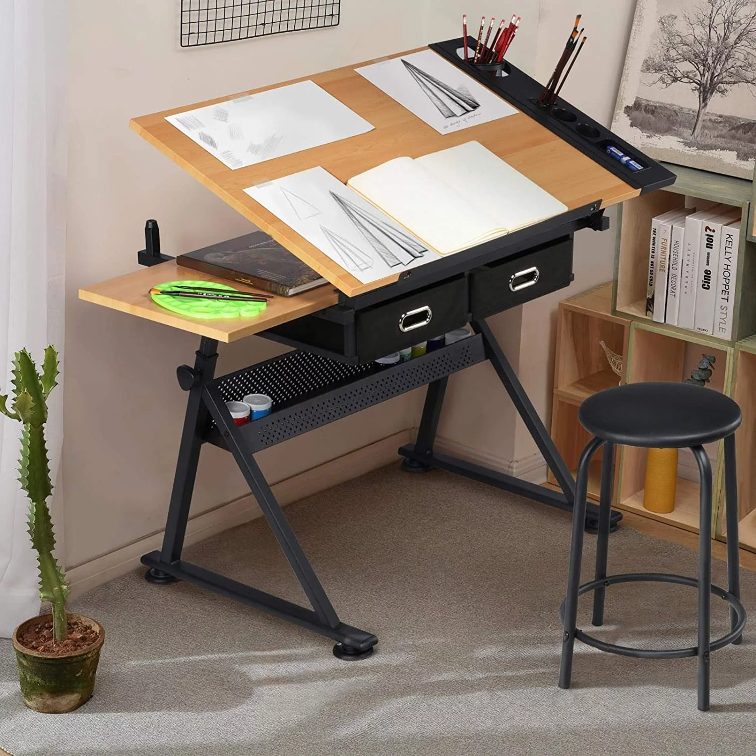 Height Adjustable Drafting Table Drawing Table Artist Desk Tilting Tabletop Art Craft Desk Watercolor Paintings Sketching Work Station w/2 Storage Drawers and Stool for Home Office