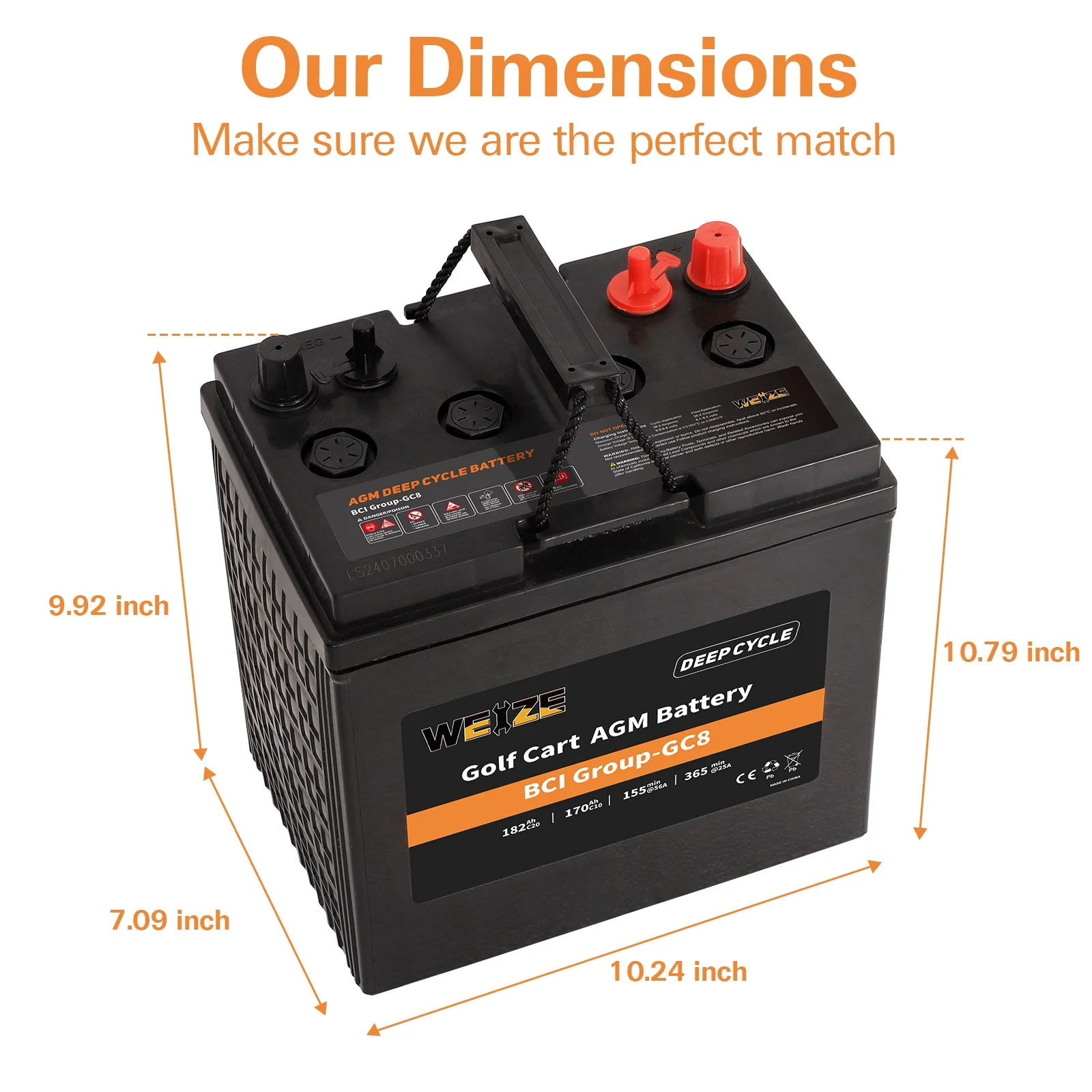 Weize Golf Cart Battery, 8V 182AH BCI Group GC8 High Capacity & Maintenance Free Deep Cycle AGM Scrubber Battery