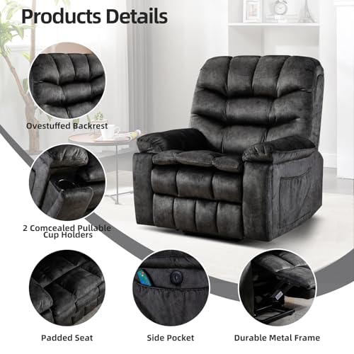 Phoenix Home Large Power Lift Recliner with Massage and Heat for Elderly, Heavy Duty & Safety Motion Reclining Mechanism, Ergonomic Electric Wider Chair with USB Port, 2 Hidden Cup Holders, Brown