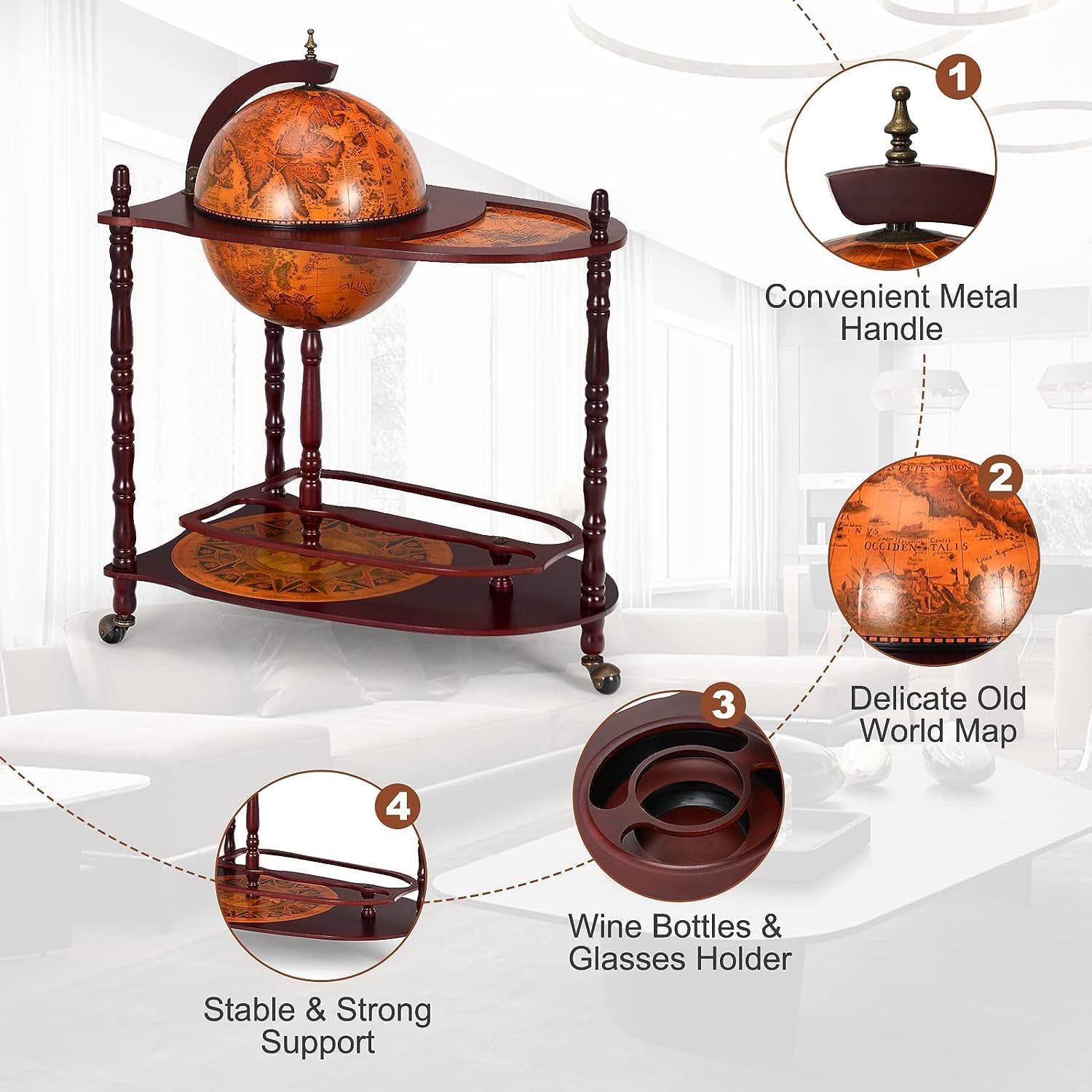 Globe Bar, 34.5’’ Wine Bar Cart with Wheels, 2 Storage Shelves & Old World Map, 16th Century Italian Replica Globe Liquor Cabinet, Wood Bar Stand for Dining Room Living Room Home