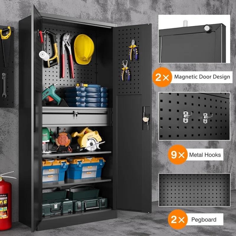 Fesbos Metal Storage Cabinet with Pegboard, Heavy Duty Garage Storage Cabinet with Adjustable Shelves and Doors, Lockable Steel Storage Cabinet with Drawer