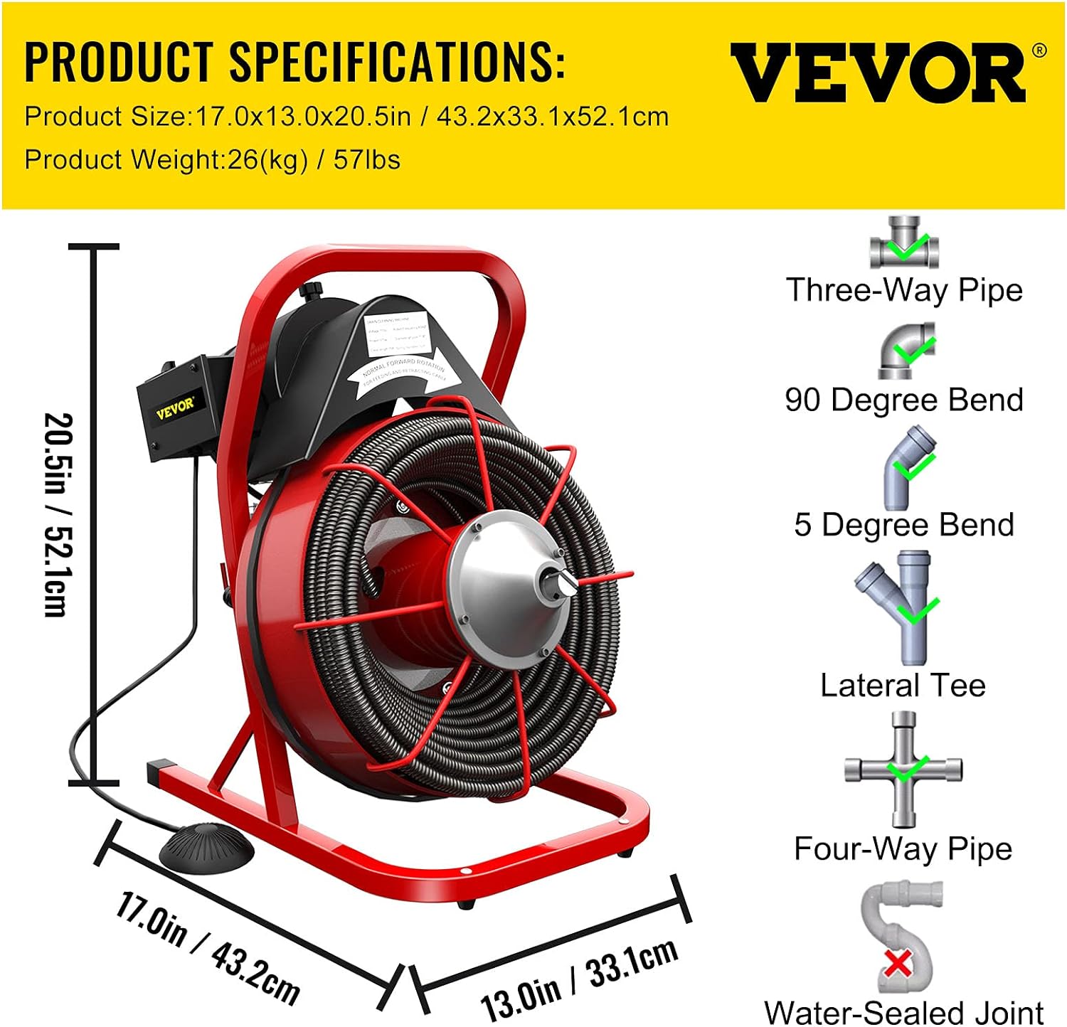 VEVOR Drain Cleaner Machine, 75 Ft x 3/8 Inch Drain Cleaning Machine Fits 1 to 4 Inch Pipes, Portable Drain Auger Cleaner with 4 Cutters, Electric Drain Clog Remover Plumbing Tool