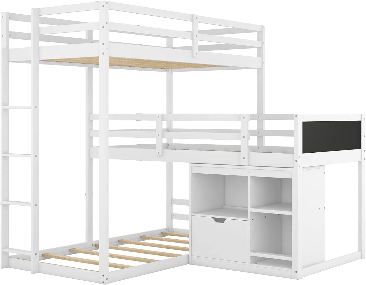 Size Triple Bunk Beds L-Shaped Bunk Beds With Cabinet, Blackboard And Ladder, 3 Bed In 1 Triple Bed Soli Wood Triple Bed For Kids And Teens (White)