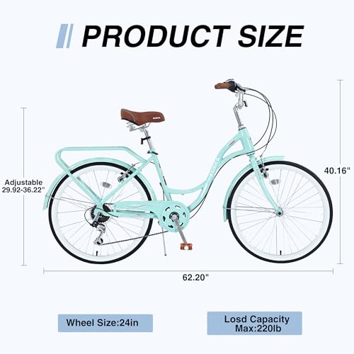 MEGHNA Cruiser Bike Low Step-Through 24inch Commuter Bike V - Brake 7 Speed Shifter Driven City Bike for Women Senior Men