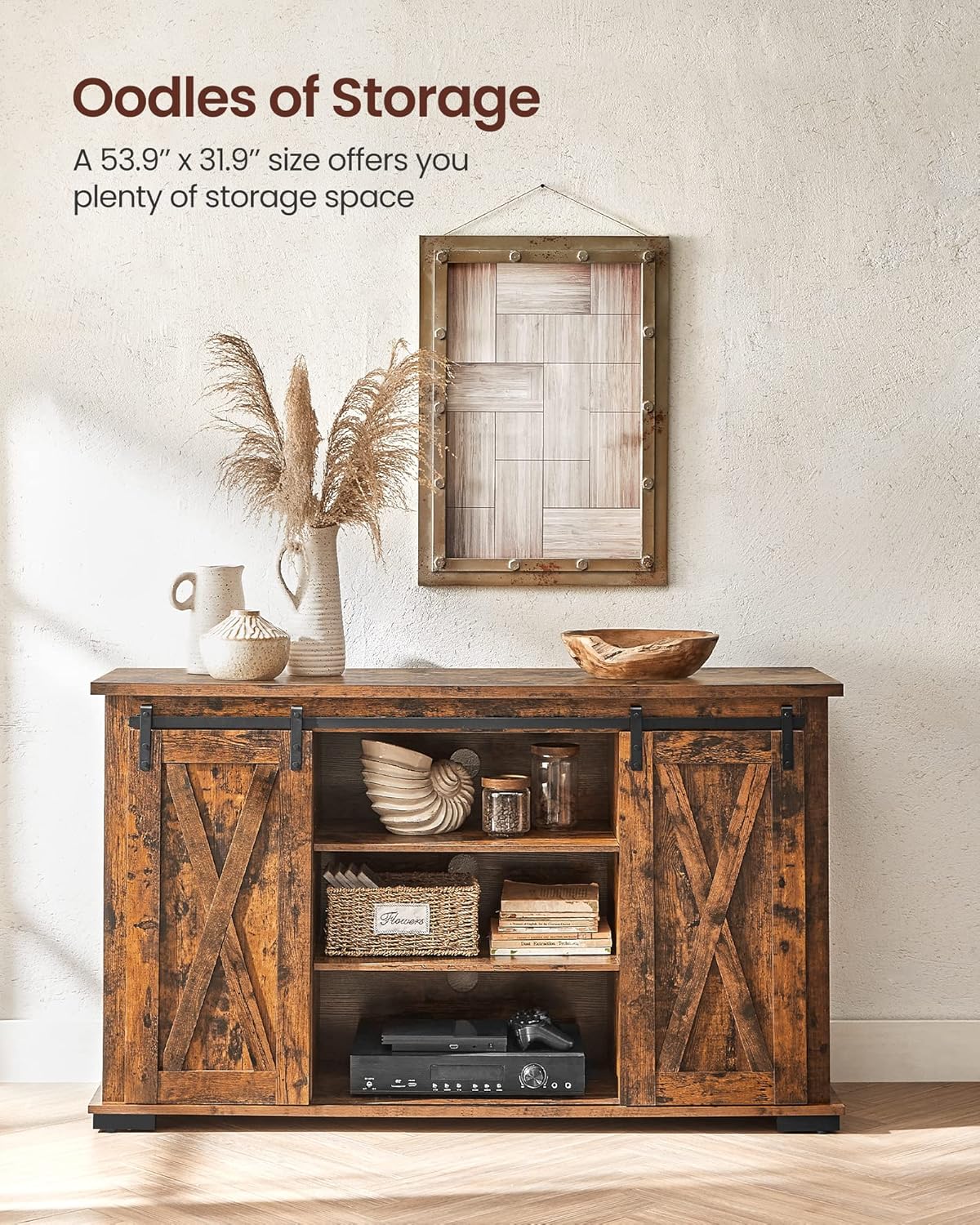 VASAGLE TV Stand with Storage and Sliding Barn Doors for 60-Inch Televisions, Entertainment Center Console, 53.9”, Rustic Brown