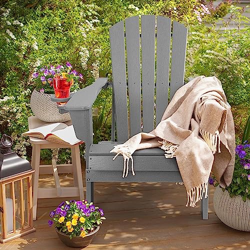 Folding Adirondack Chairs Set of 2, Plastic Adirondack Chairs Wood Texture, Fire Pit Chairs for Outside, Weather Resistant Composite Adirondack Chair with Cup Holder