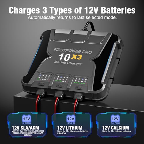 3 Bank Marine Battery Charger 10X3, 30A (10A/Bank) - 12V Waterproof Onboard Battery Charger, Battery Maintainer & Desulfator for SLA/AGM, Lithium (LiFePO4), Calcium & Deep-Cycle Battery - Charged 24/7