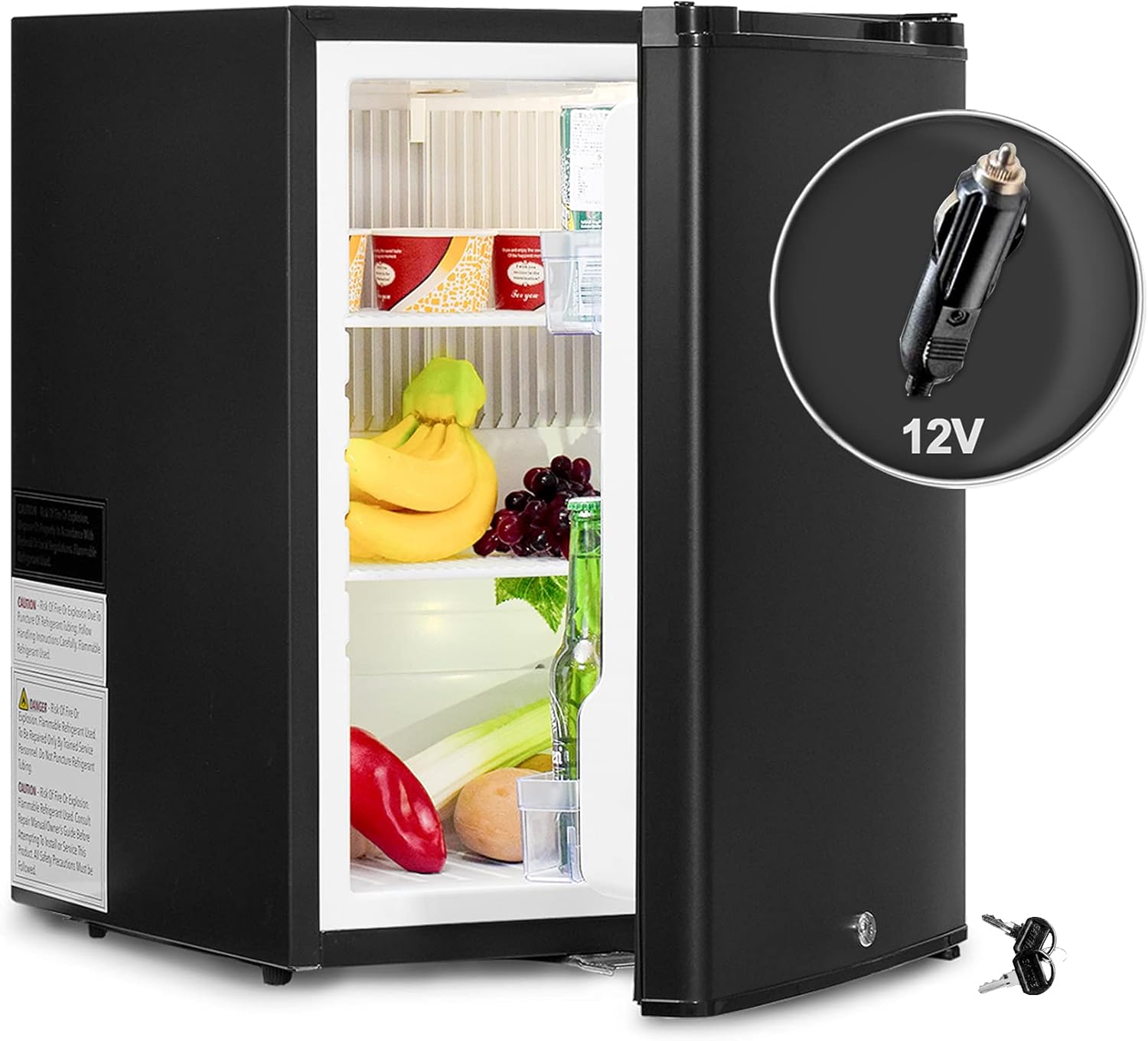 SMETA Mini Fridge No Noise: Absorption Refrigerator 12V/110V Portable for Dorm Office Truck Camper, with Lock, DC AC, 1.0 Cu.Ft, Black