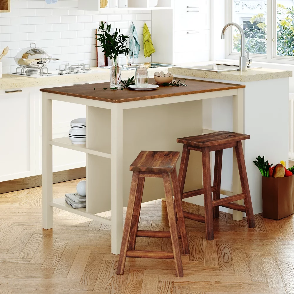 Rustic Stationary Kitchen Island Set with 2 Stools, Solid Wood Rubber Butcher Block Dining Prep Table Open Shelves for Small Places, Walnut+Cream White