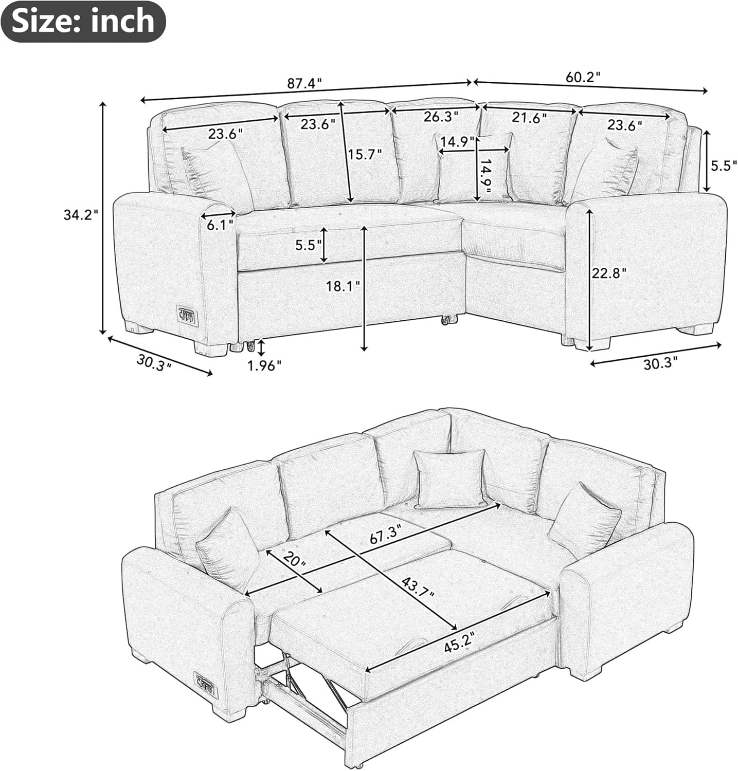 LUMISOL 87.4" L-Shape Sectional Sofa with USB Charging Port and Plug Outlet, Pull-Out Sofa Bed with 3 Pillows for Living Room Small Apartment, Grey