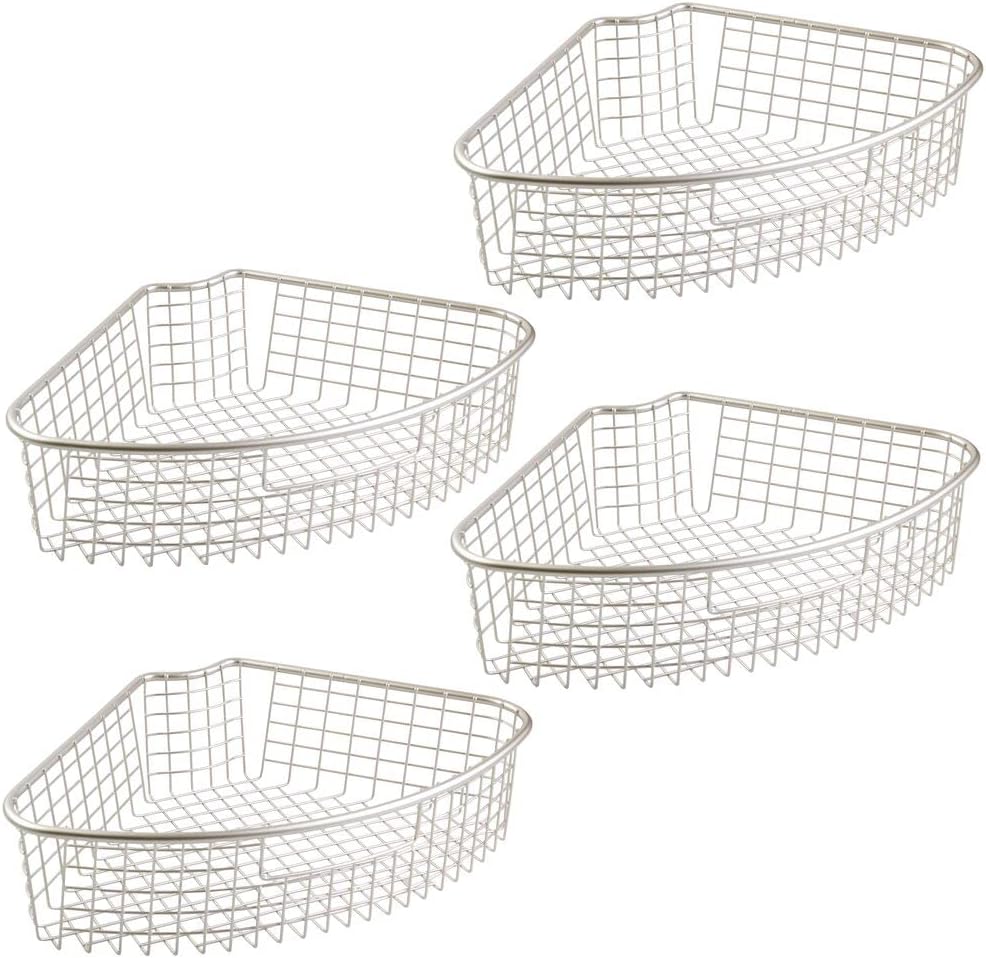 mDesign Farmhouse Metal Kitchen Cabinet Lazy Susan Storage Organizer Basket with Front Handle - Large Pie-Shaped 1/4 Wedge, 4.4" Deep Container - 4 Pack - Satin