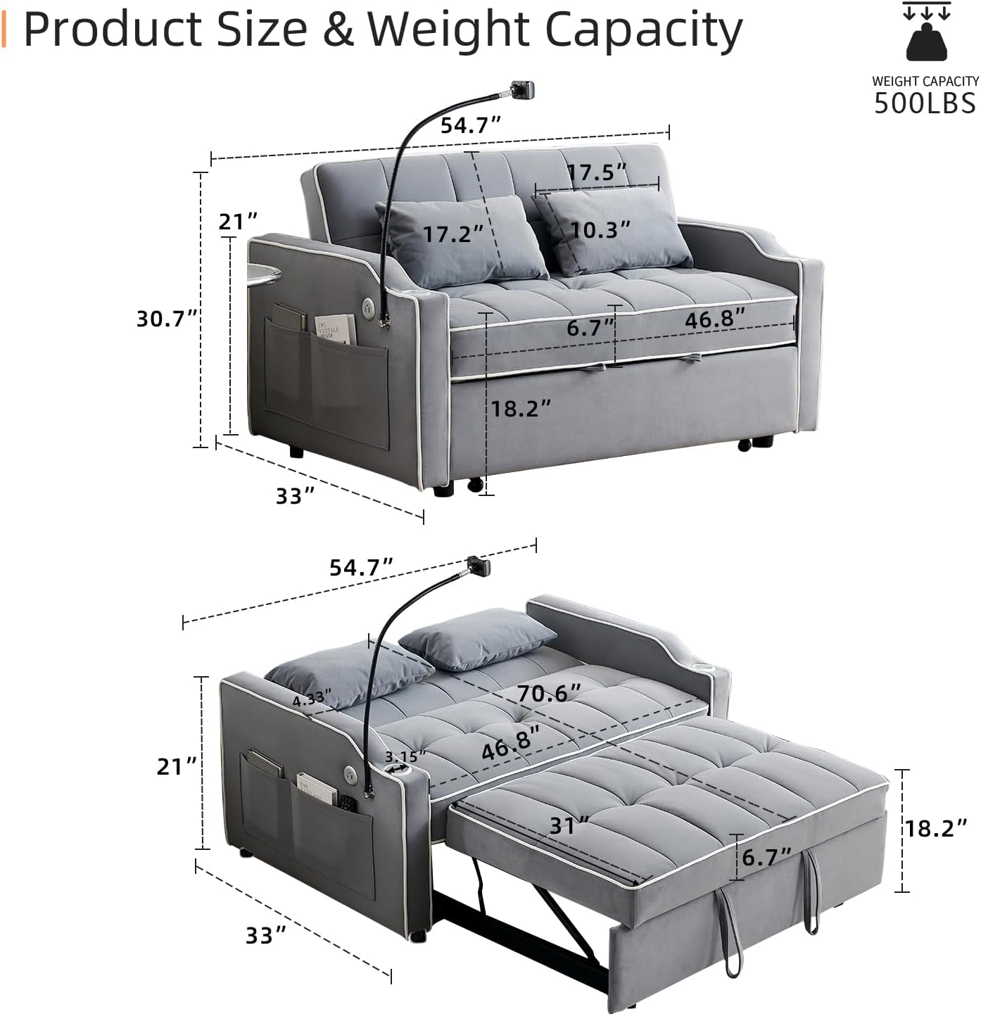 3 in 1 Convertible Sleeper Sofa Couch Bed, Velvet Tufted Loveseat Futon Sofa w USB&Type C Port/Pull Out Bed, Adjustable Backrest,Multi-Pockets for Living Room Apartment Small Space