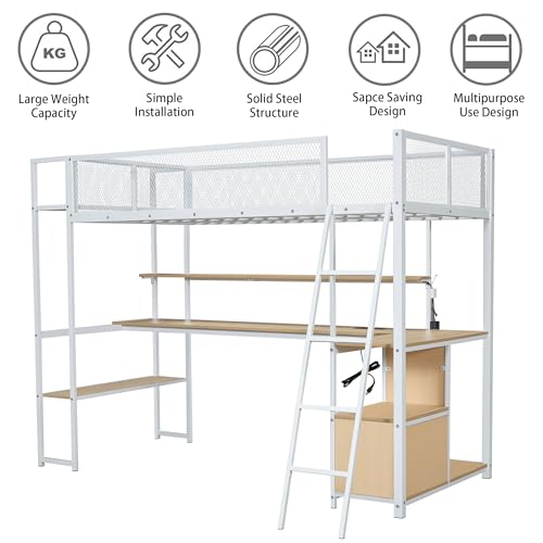 Full Size Loft Bed with Desk and Stairs,Metal Gaming Loft Bed Full with Wardrobe and Shelf, High Loft Bed with LED & USB Charging Station for Teens, Adults, Space Saving Design,Black