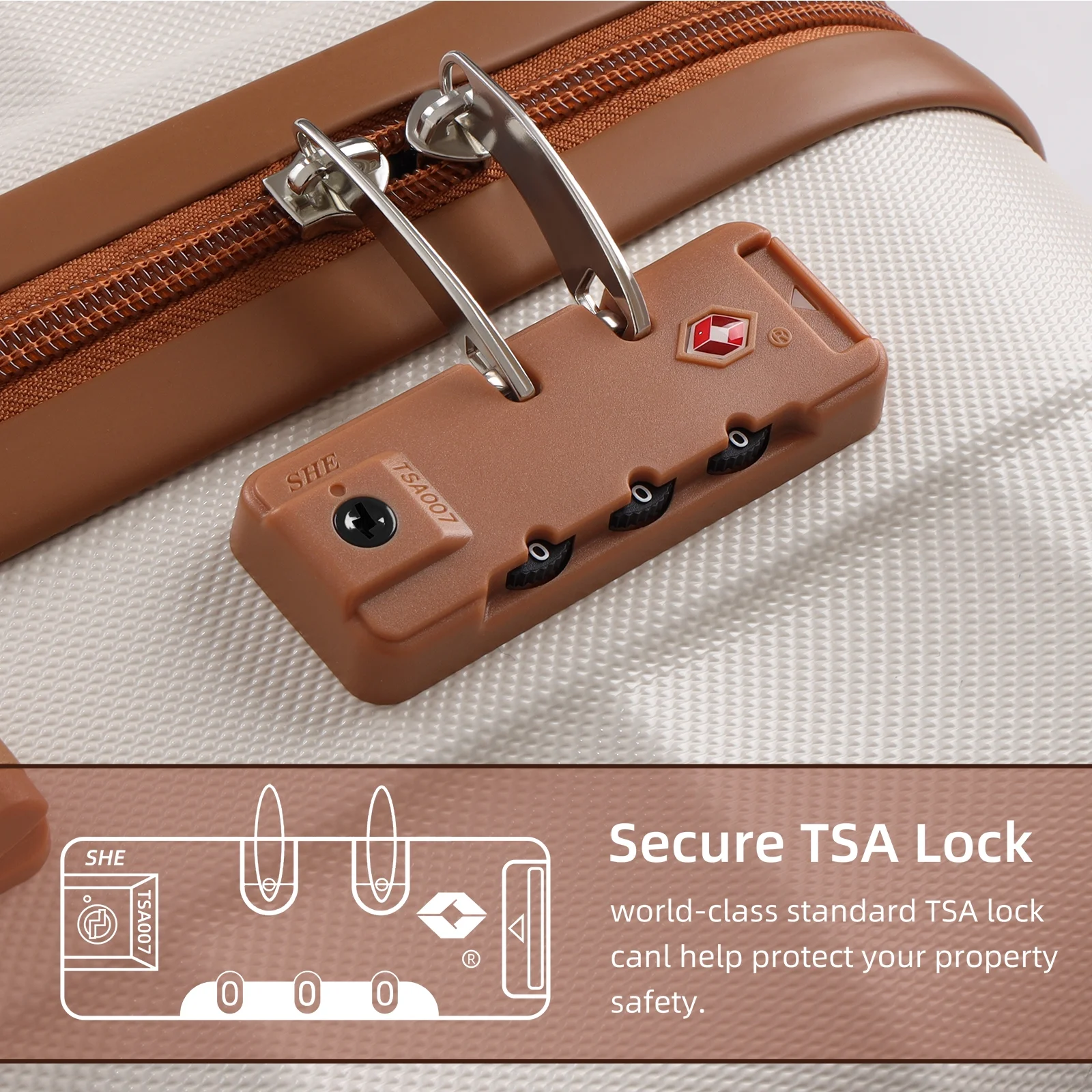 SUGIFT 3 Piece Expandable ABS Hardshell Luggage Sets Spinner Wheel Suitcase TSA Lock Suit Case, White+Brown, 20/24/28 Inch