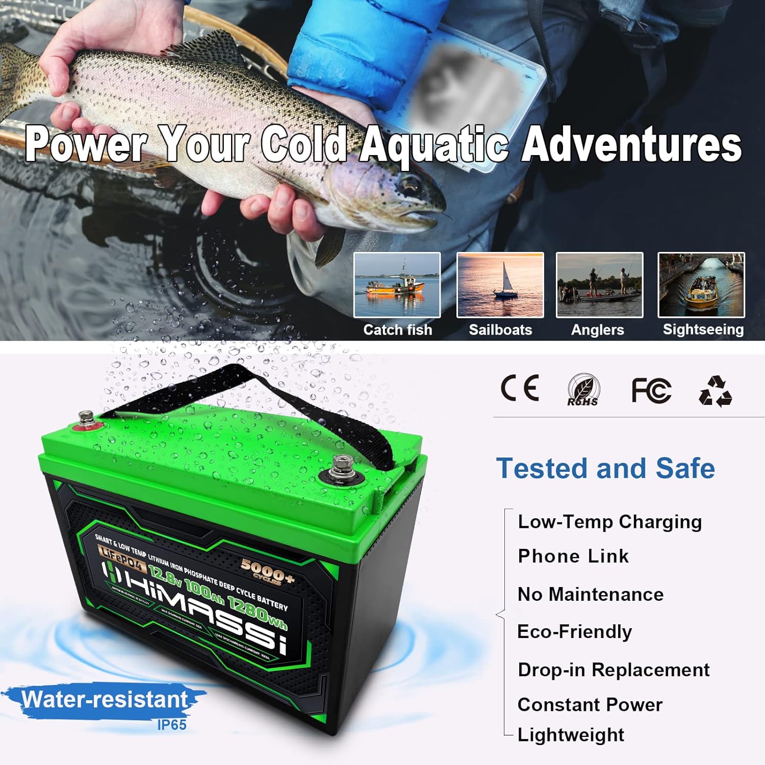 LiFePO4 Battery, 12V 400Ah Lithium Battery, Built-in 250A BMS, Lithium Ion Battery for Trolling Motor, Solar, Marine, RV Car, Camper, Home Storage, Off-Grid System