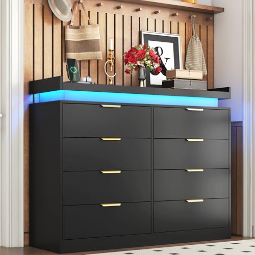 White Dresser with LED Lights, Wooden LED Dresser, 4 Drawer Chest with Charging Station, Tall Chest of Drawer Closet Organizer for Bedroom, Living Room, Entryway, Hallway