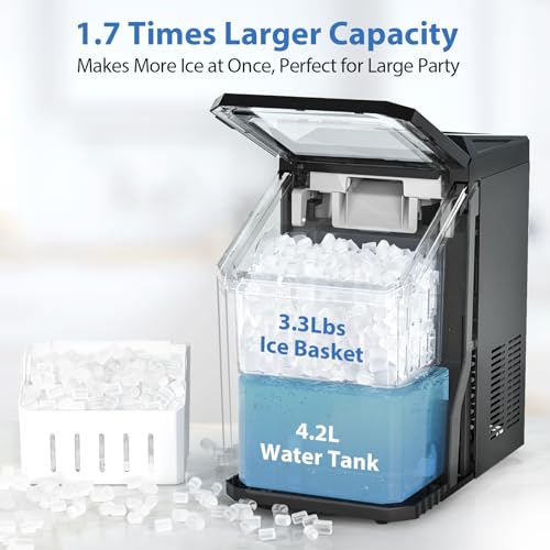 Aeitto Nugget Ice Maker Countertop, 55lbs/Day, Large Capacity Chewable Ice Maker, Rapid Ice Release in 5 Mins, Self-Cleaning with Stainless Steel Housing Ice Machine for Home Office and Party, Black