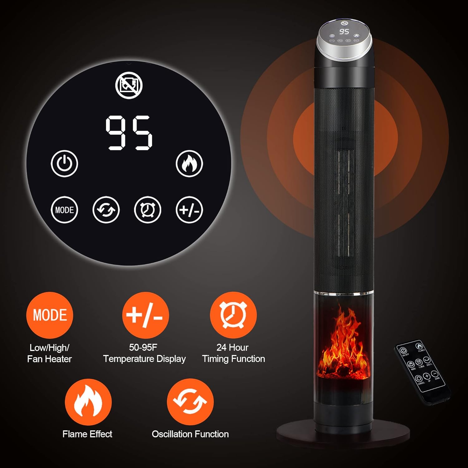 38" Space Heater, Heaters for Large Room, 1500W PTC Fast Heating Oscillating Ceramic Heater with Thermostat, 24H Timer, Remote, 3D Flame, Overheat & Tip-over Protection, for Home, Indoor Use (38 Inch)