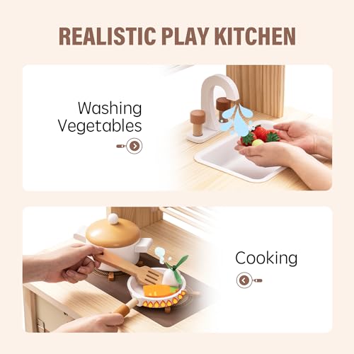 ROBUD Play Kitchen Set, Wooden Play Kitchen with Ice Maker, Fridge, Coffee Machine, Oven, Dishwasher, Microwave, Kitchen Accessories, Toy Kitchen Gift for Boys Girls, 3+