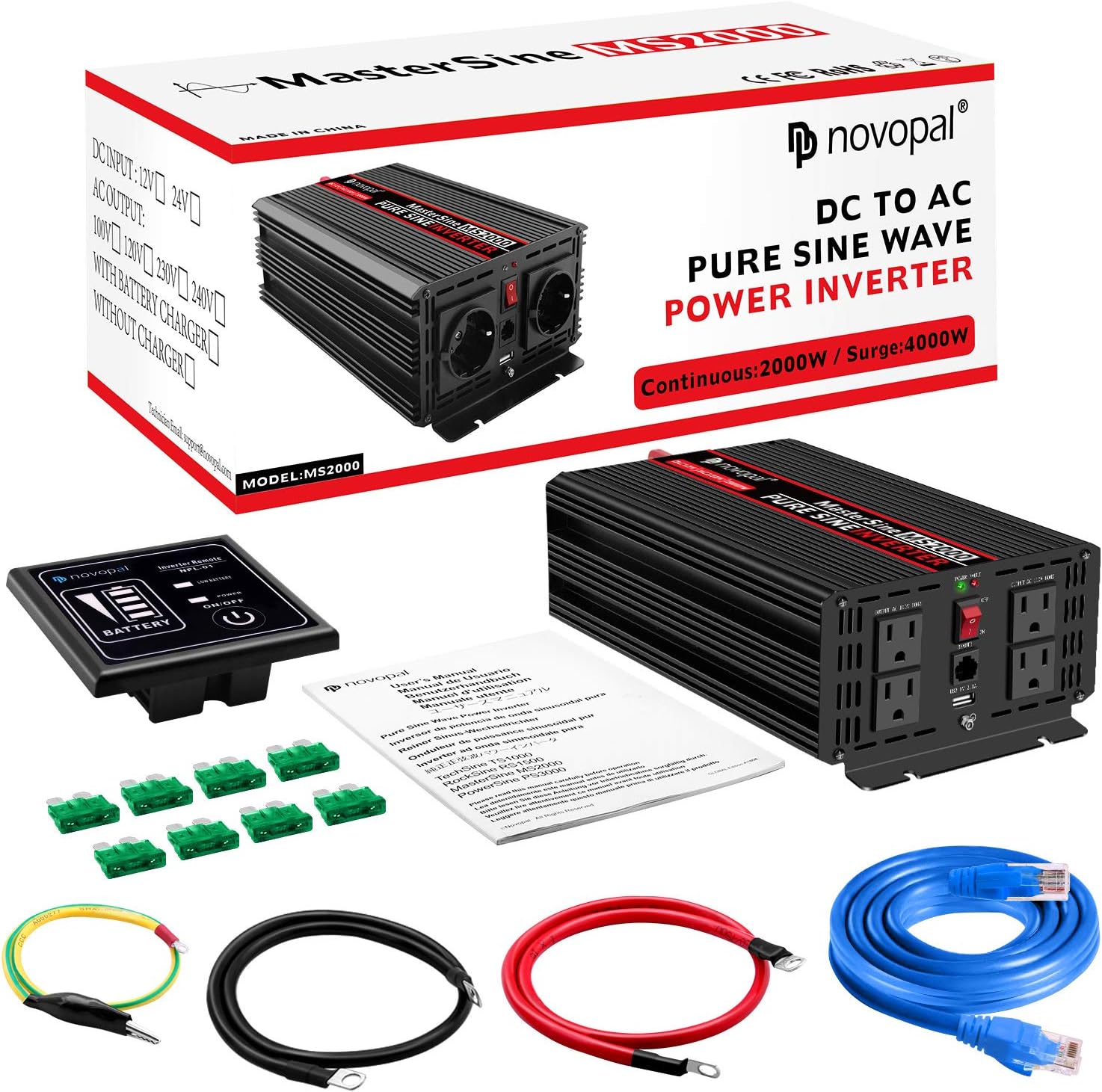 Novopal Power Inverter Pure Sine Wave-2000 Watt 24V DC to 110V/120V AC Converter- 4 AC Outlets Car Inverter with One USB Port-16.4 Feet Remote Control and Two Cooling Fans-Peak Power 4000 Watt