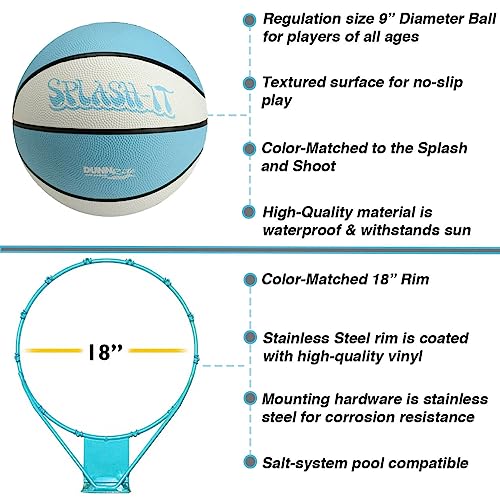 Dunn-Rite Splash & Shoot Outdoor Adjustable Height Swimming Pool Basketball Hoop w/Ball, Base, & 18 Inch Stainless Steel Rim for Adults & Kids, Choose Clear or White (Clear Xtreme Blue)