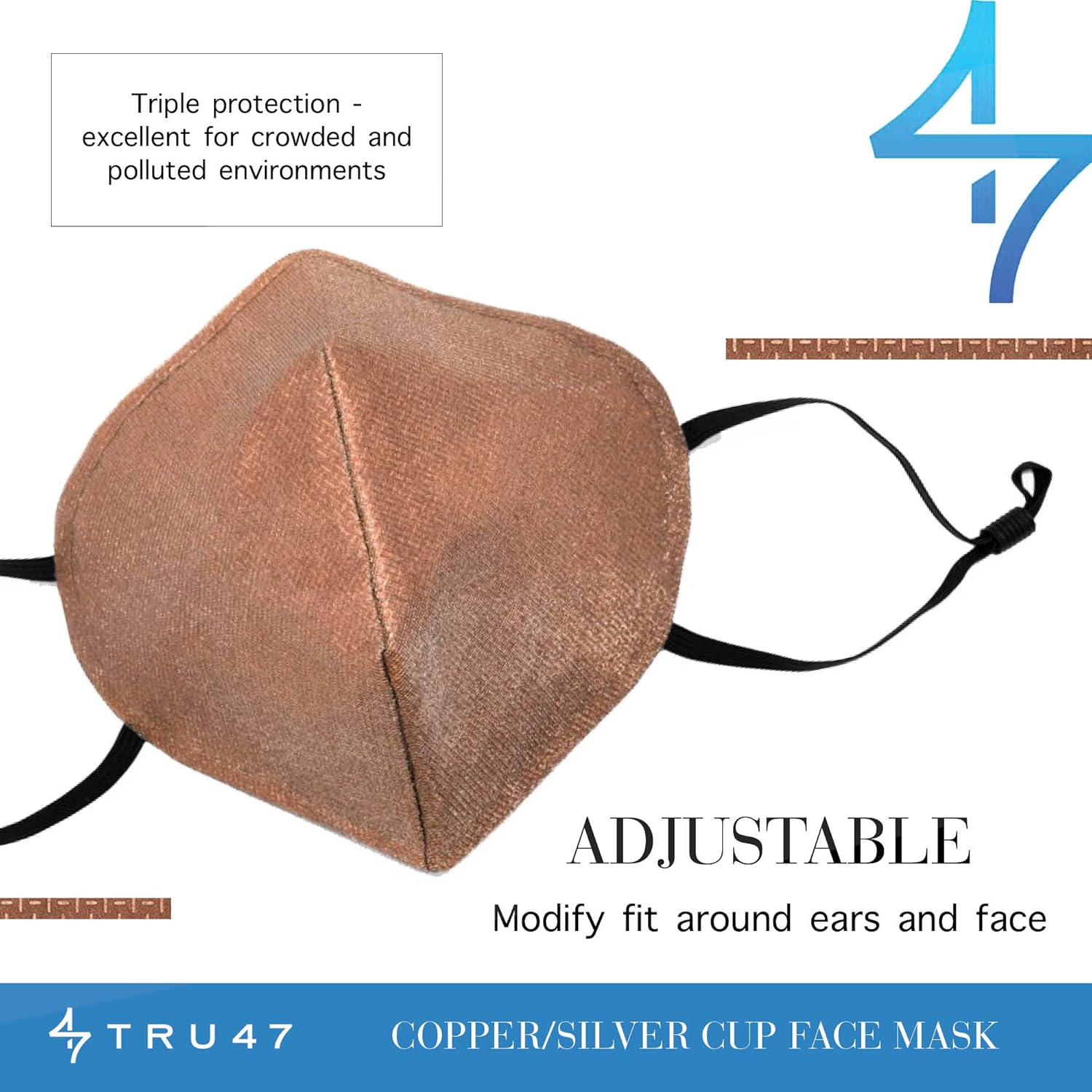 TRU47 Copper and Silver Cup Face Mask - Triple Protection Face Mask with Copper Fabric and Two Layers of 99.99% Ionically Plated Silver / Full-Coverage Face Mask for Added Protection