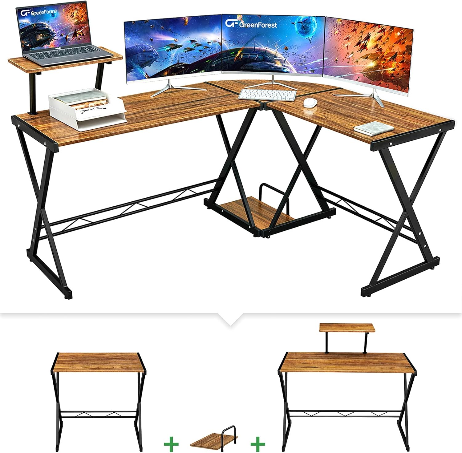 GreenForest L Shaped Desk 58 inch Reversible Corner Computer Desk with Movable Shelf and CPU Stand, Gaming Desk with Sturdy X Leg Space Saving Home Office Workstation Table, Rustic Brown