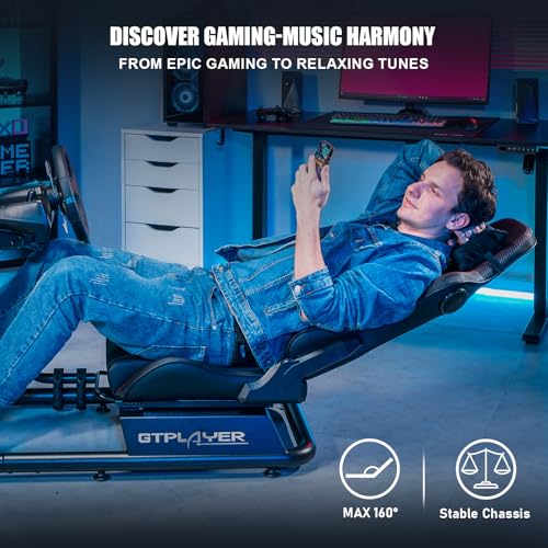 GTPLAYER Racing Simulator Cockpit with Seat and Bluetooth Speakers, Racing Style Reclining Seat and Ultra-Sturdy Alloy Steel Frame, A/B Box (Blue)