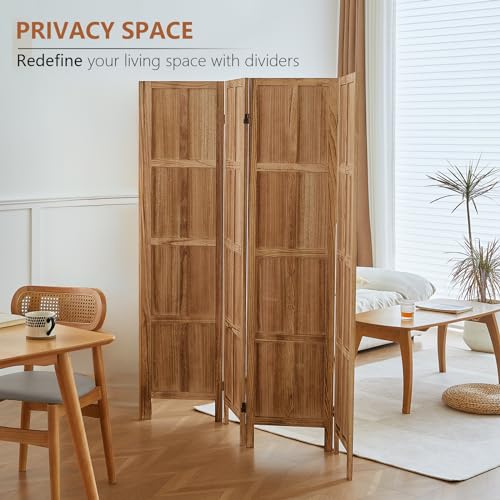 4 Panel Room Divider, 5.6 FT Folding Privacy Screen Room Divider, Partition Divider for Room Separation, Wooden Room Screen Divider Freestanding, for Home Office, Bedroom (Light Brown)