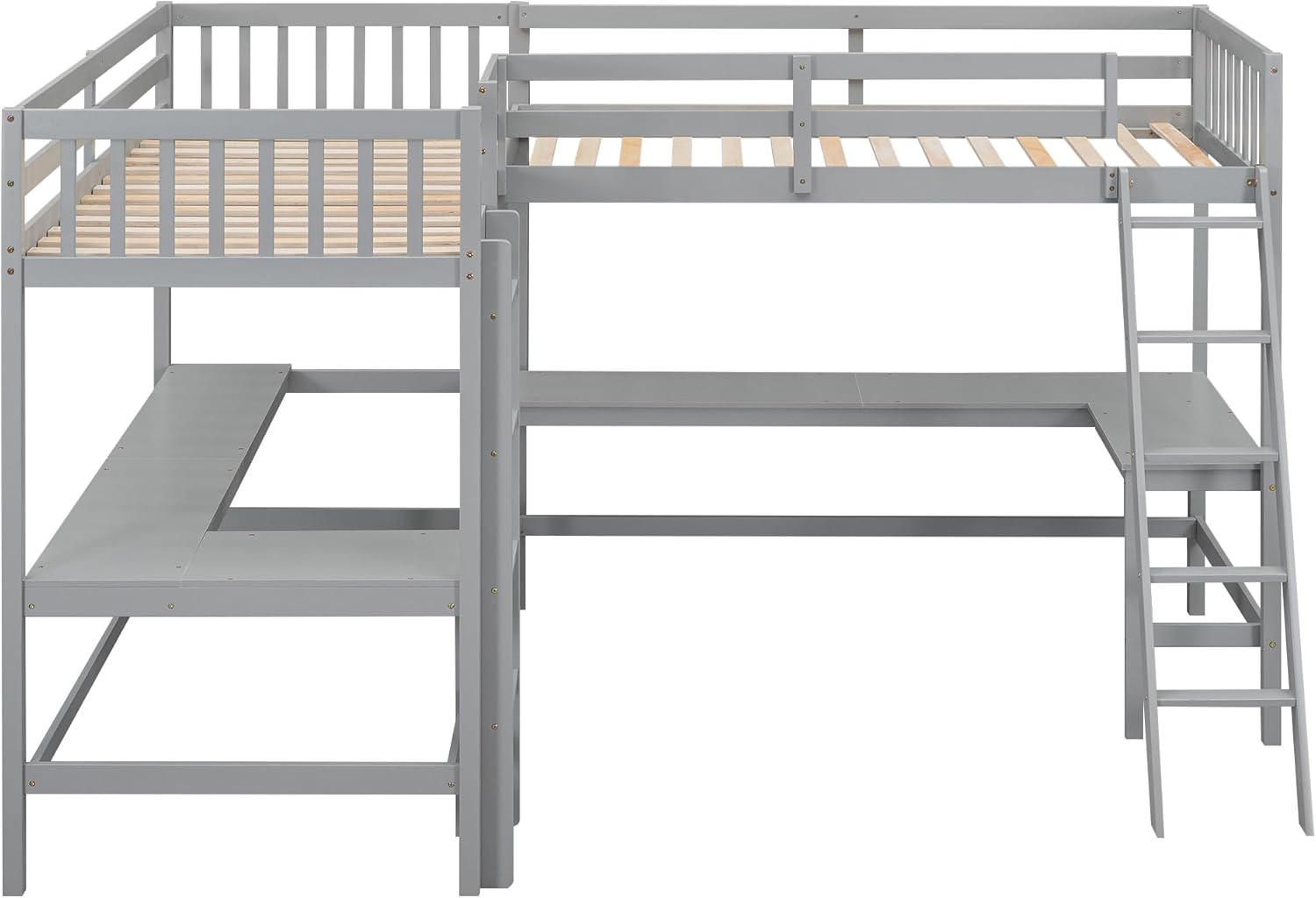 L-Shaped Double Twin Size Loft Beds for 2, Wooden Double High Loft Bed Frame with 2 Built-in Desks and Ladder for Kids, Teens, Adults, Gray