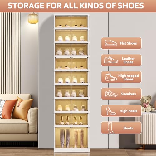 Portable Shoe Rack Organizer 6 Tier 24 Pairs Foldable Shoe Box with Doors, Large Folding Cabinet Bins.Stackable Plastic Shoe Box, Storage Shoe Cabinet for Hallway, Living Room, Closet